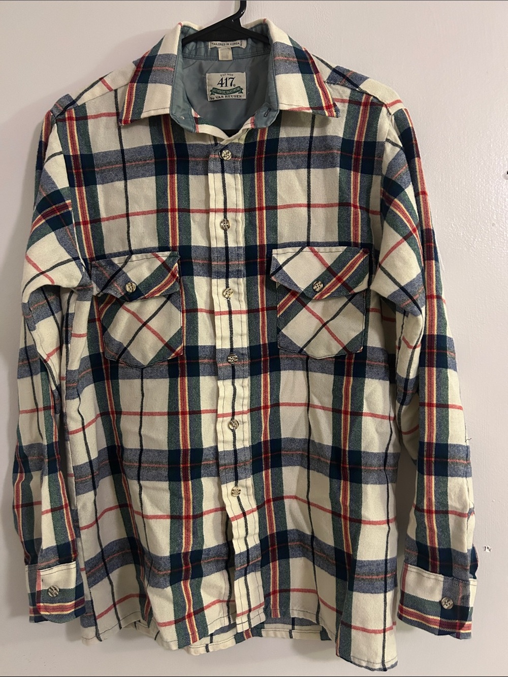 Van Heusen Cream Plaid Shirt with Navy and Red Stripes